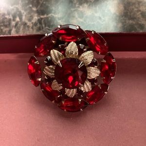 Vintage Red and Gold Rhinestone Brooch
